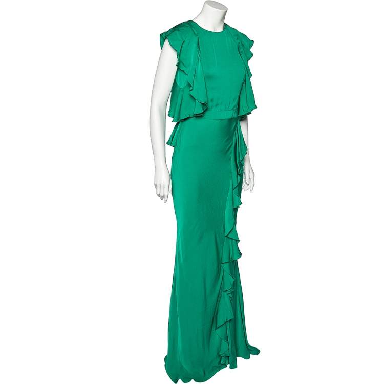 Pre Owned Alexander McQueen Green Crepe Ruffled Sleeveless Gown S