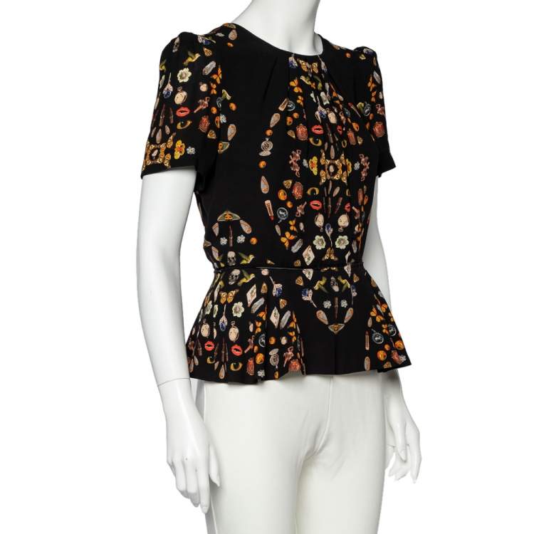 Pre Owned Alexander McQueen Black Obsession Printed Silk Peplum Top M