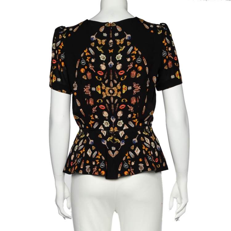 Pre Owned Alexander McQueen Black Obsession Printed Silk Peplum Top M