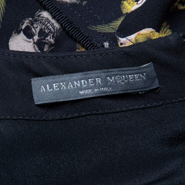 Pre Owned Alexander McQueen Black Obsession Printed Silk Peplum Top M