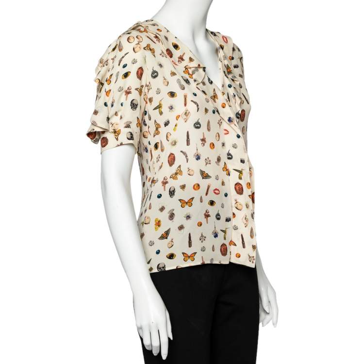 Pre Owned Alexander McQueen Beige Obsession Printed Silk Ruffled Top S