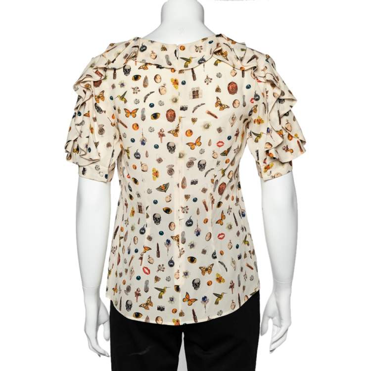 Pre Owned Alexander McQueen Beige Obsession Printed Silk Ruffled Top S