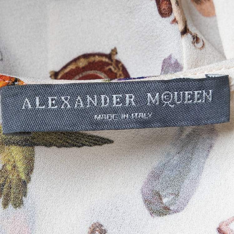 Pre Owned Alexander McQueen Beige Obsession Printed Silk Ruffled Top S