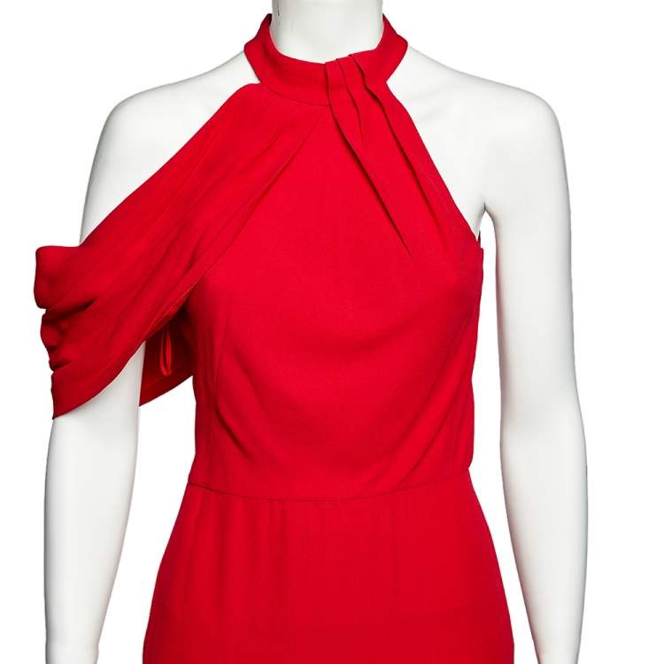 Pre Owned Alexander McQueen Red Crepe Draped Shoulder Halter Neck Gown S