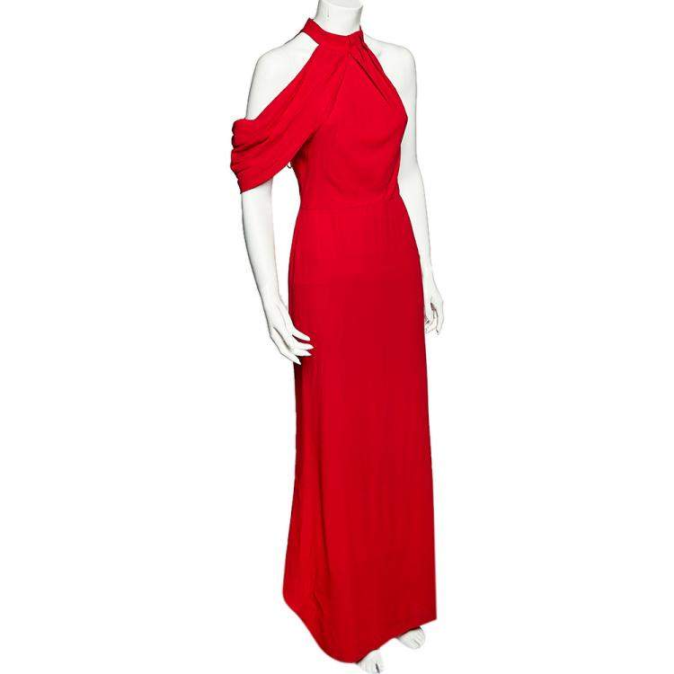 Pre Owned Alexander McQueen Red Crepe Draped Shoulder Halter Neck Gown S