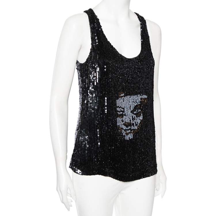 Pre Owned Alexander McQueen Black Sequinned Silk And Beaded Skull Pattern Sleeveless Top M