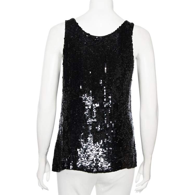 Pre Owned Alexander McQueen Black Sequinned Silk And Beaded Skull Pattern Sleeveless Top M
