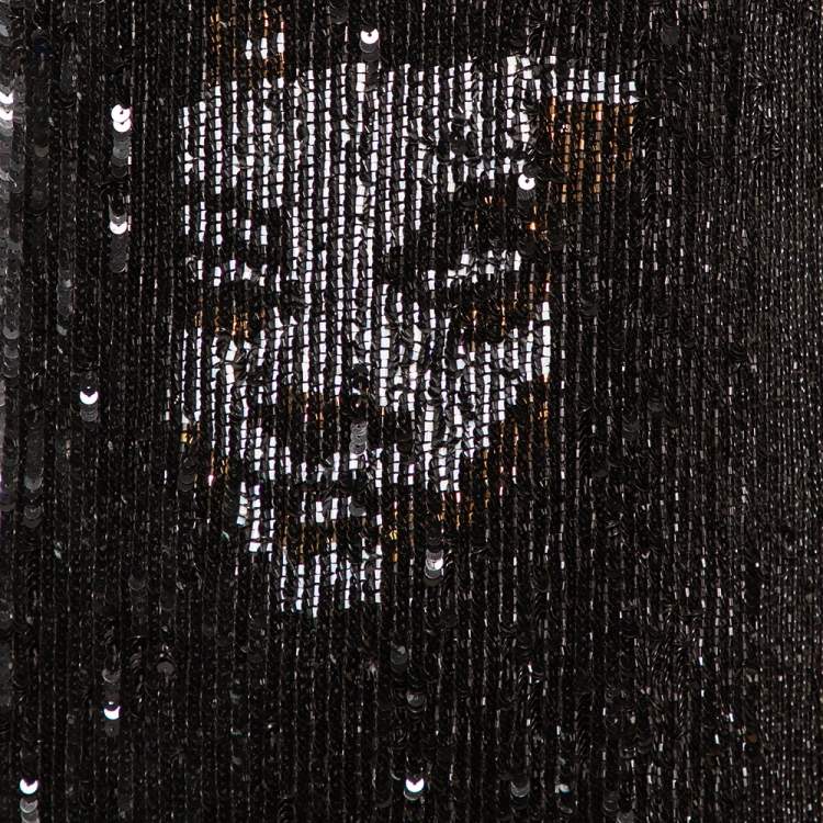 Pre Owned Alexander McQueen Black Sequinned Silk And Beaded Skull Pattern Sleeveless Top M