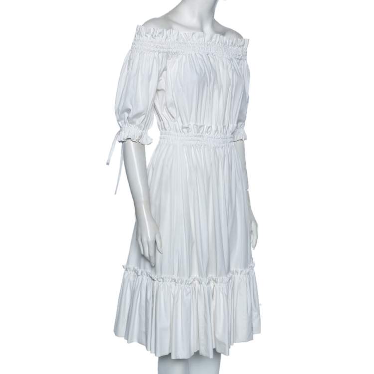 Pre Owned Alexander McQueen White Cotton Ruched Tiered Off Shoulder Midi Dress M 