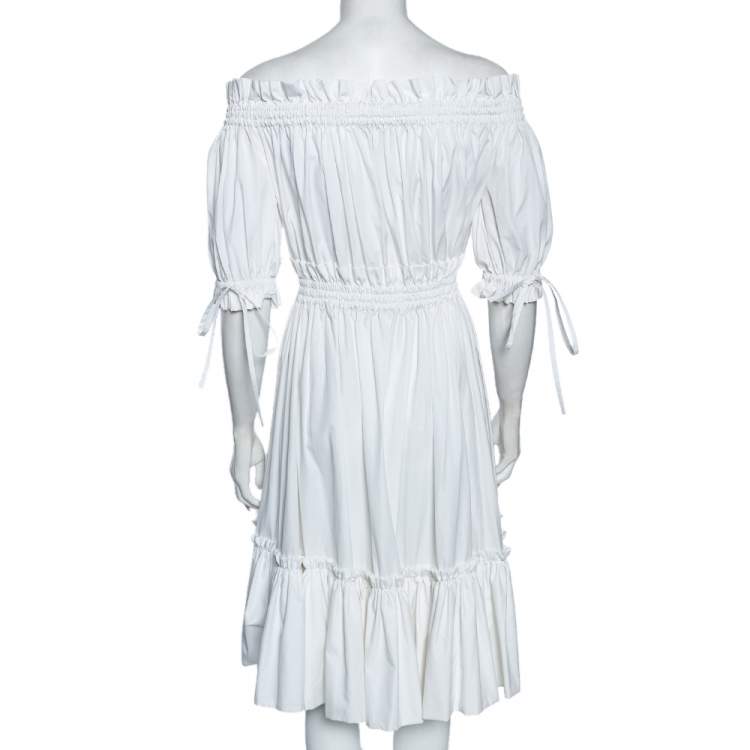 Pre Owned Alexander McQueen White Cotton Ruched Tiered Off Shoulder Midi Dress M 