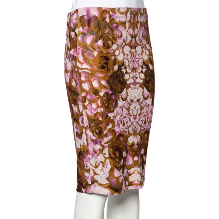Pre Owned Alexander McQueen Multicolor Rose Petal Printed Knit Skirt XL