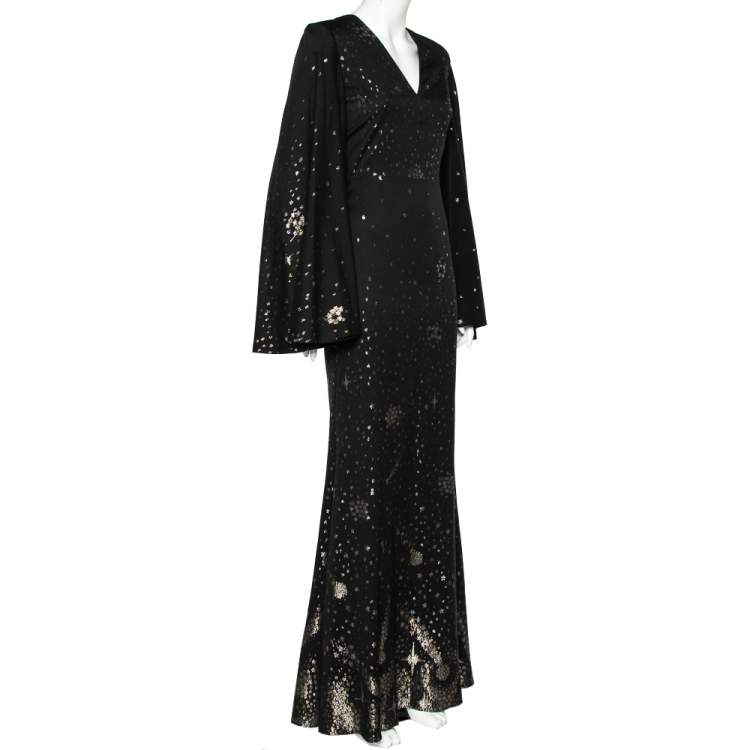 Pre Owned Alexander McQueen Black Fil Coupe Cape Detail Maxi Dress S