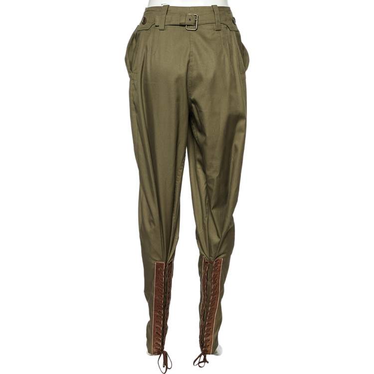 Pre Owned Alexander McQueen Military Green Cotton & Leather Lace Up Detail Trousers S