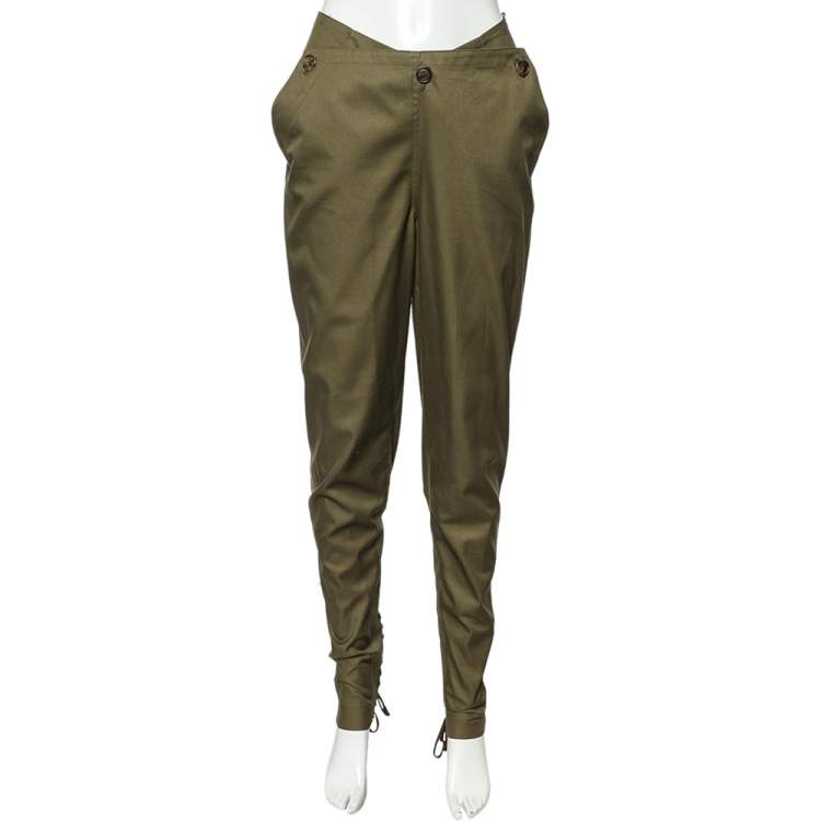 Pre Owned Alexander McQueen Military Green Cotton & Leather Lace Up Detail Trousers S
