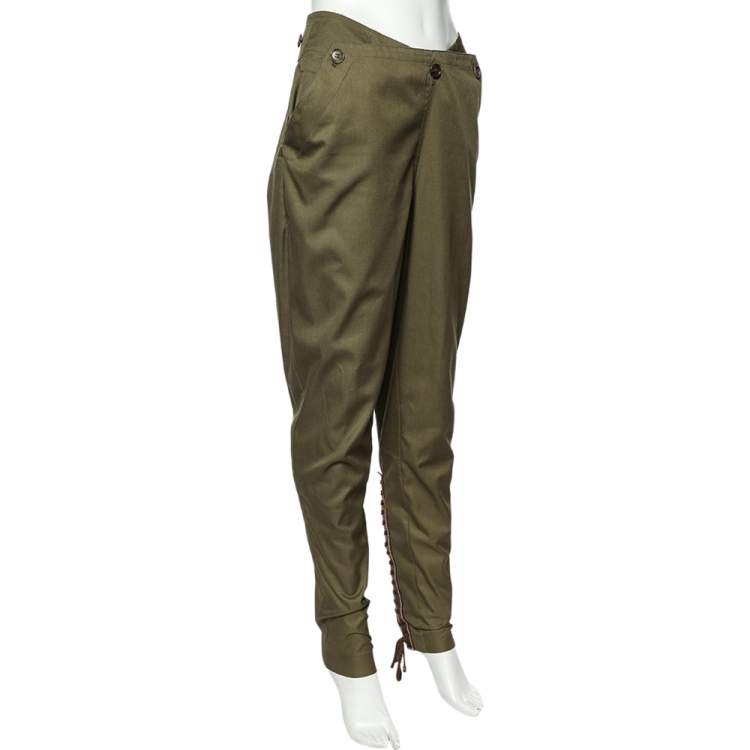 Pre Owned Alexander McQueen Military Green Cotton & Leather Lace Up Detail Trousers S