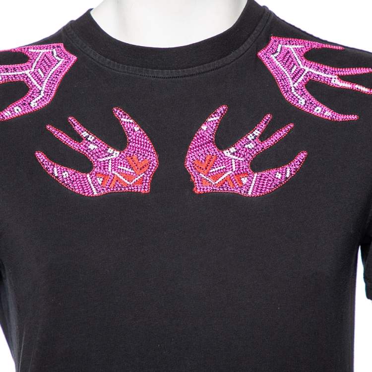 Pre Owned Alexander Mcqueen Black Cotton Pink Swallow Embroidered Crewneck T-Shirt XXS