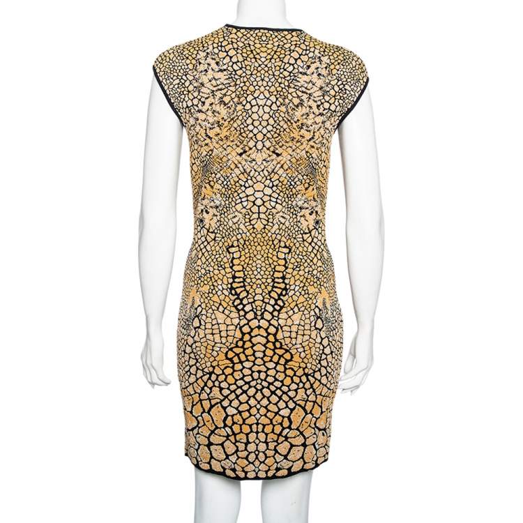 Pre Owned Alexander McQueen Brown Patterned Lurex Knit Bodycon Dress L