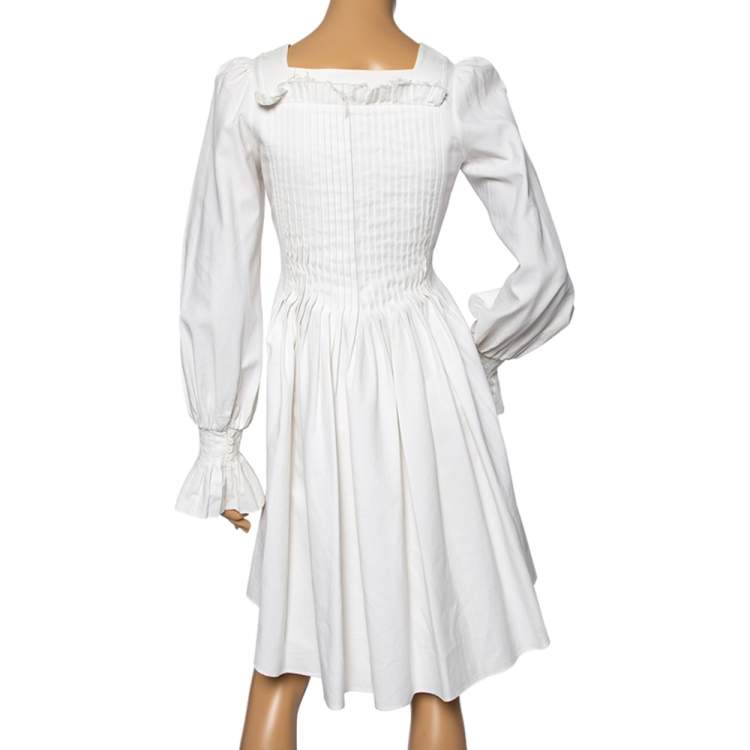 Pre Owned Alexander McQueen White Textured Cotton Pleated Shirt Dress S