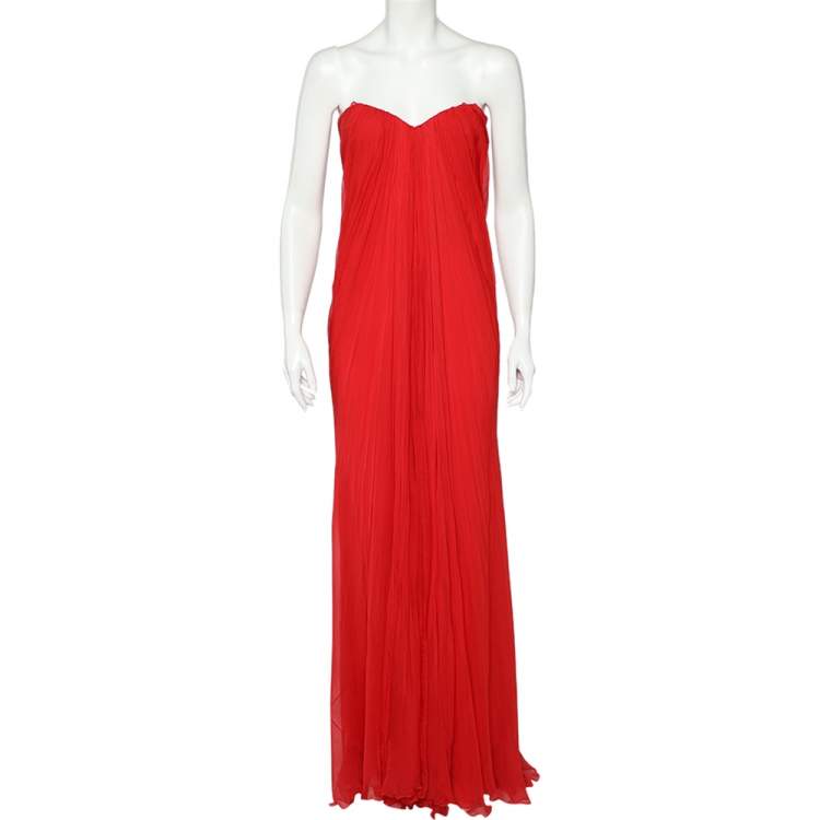Pre Owned Alexander McQueen Red Silk Chiffon Strapless Gown M