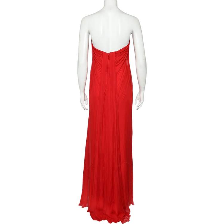 Pre Owned Alexander McQueen Red Silk Chiffon Strapless Gown M
