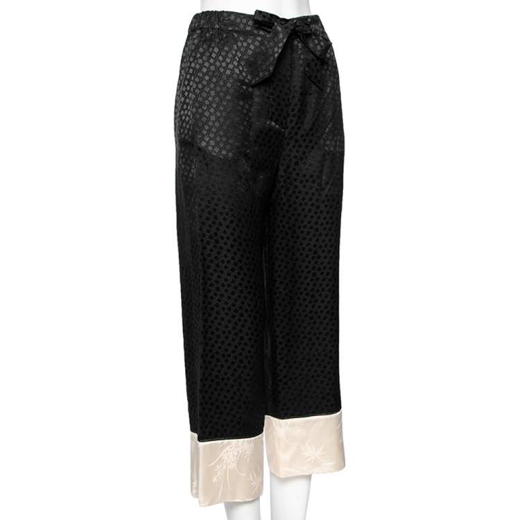 Pre Owned Alexander McQueen Black Silk Jacquard Contrast Hem Drawstring Detail Pants S