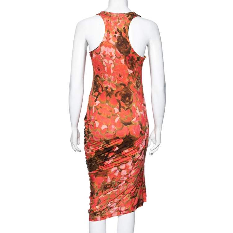 Pre Owned McQ by Alexander McQueen Orange Printed Lyocell Knit Racerback Ruched Dress M