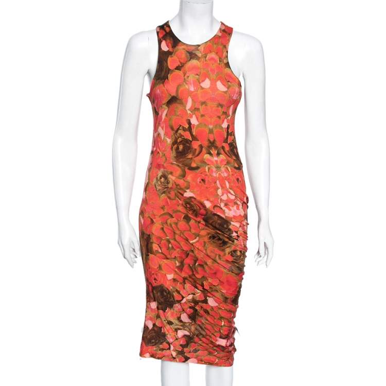 Pre Owned McQ by Alexander McQueen Orange Printed Lyocell Knit Racerback Ruched Dress M