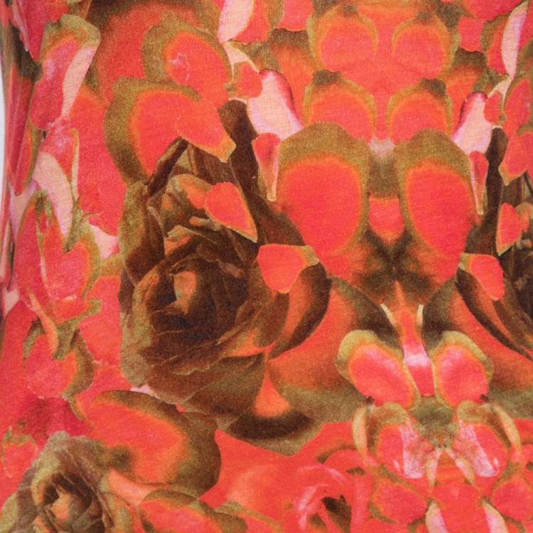 Pre Owned McQ by Alexander McQueen Orange Printed Lyocell Knit Racerback Ruched Dress M