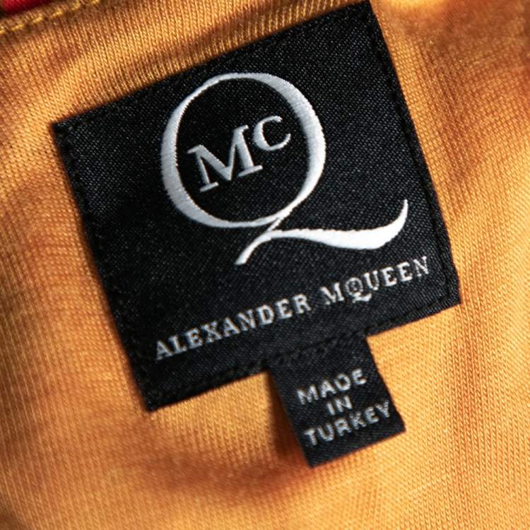 Pre Owned McQ by Alexander McQueen Orange Printed Lyocell Knit Racerback Ruched Dress M
