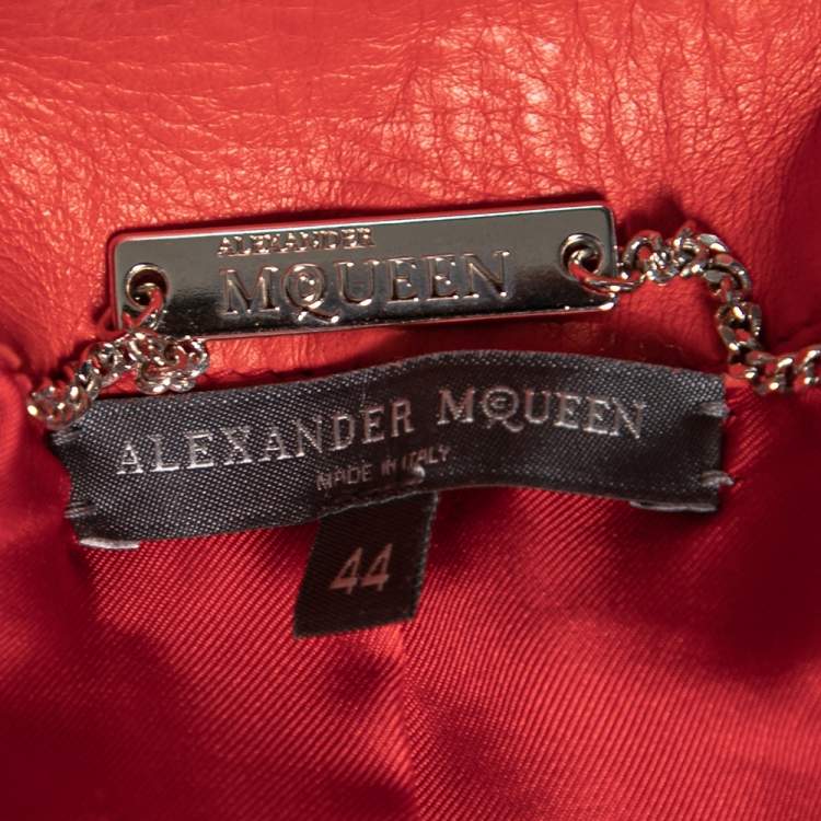 Pre Owned Alexander McQueen Red Leather Ruffled Sleeve Zip Front Jacket M