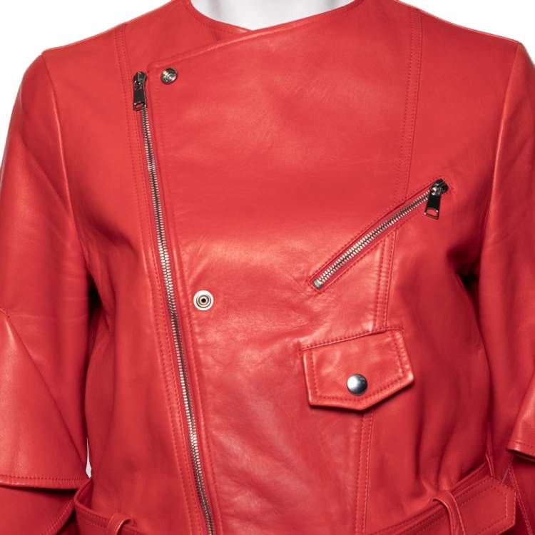 Pre Owned Alexander McQueen Red Leather Ruffled Sleeve Zip Front Jacket M