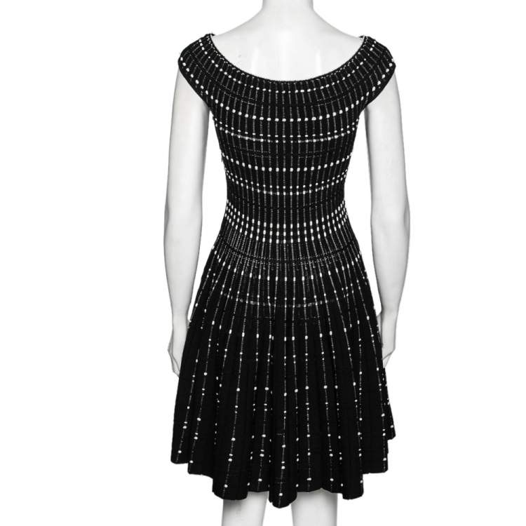 Pre Owned Alexander McQueen Black Embroidered Knit Boat Neck Flared Dress M