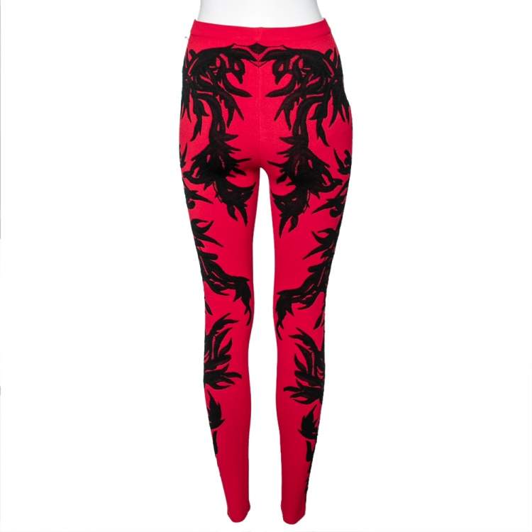 Pre Owned Alexander McQueen Red Knit & Spine Lace Jacquard Leggings XS