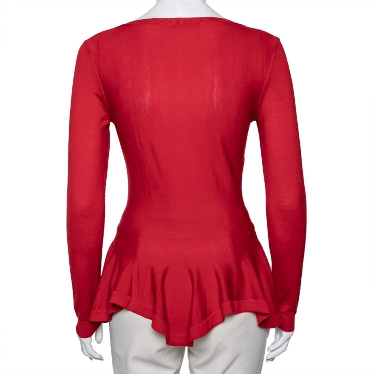 Pre Owned Alexander McQueen Red Wool Flared Hem Long Sleeve Top S