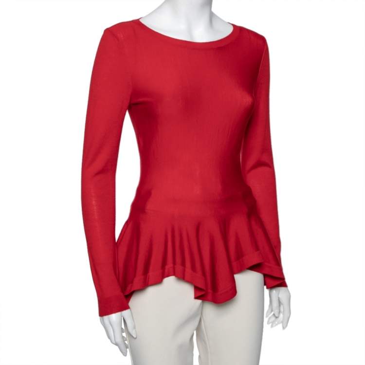 Pre Owned Alexander McQueen Red Wool Flared Hem Long Sleeve Top S