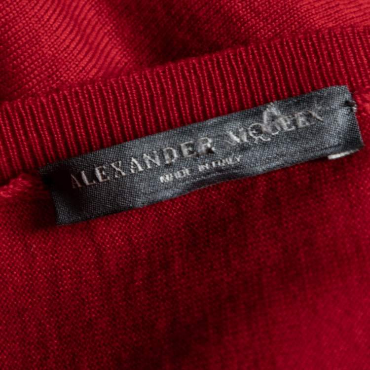 Pre Owned Alexander McQueen Red Wool Flared Hem Long Sleeve Top S