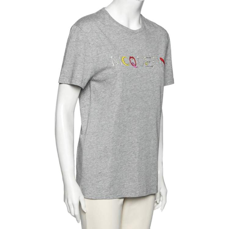 Pre Owned Alexander McQueen Grey Cotton Graphic Printed Crew Neck Short Sleeve Top S