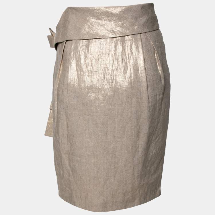Pre Owned Alexander McQueen Gold Linen Bow Detail Pencil Skirt M