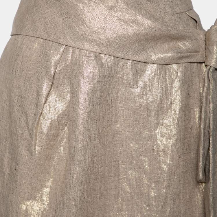 Pre Owned Alexander McQueen Gold Linen Bow Detail Pencil Skirt M