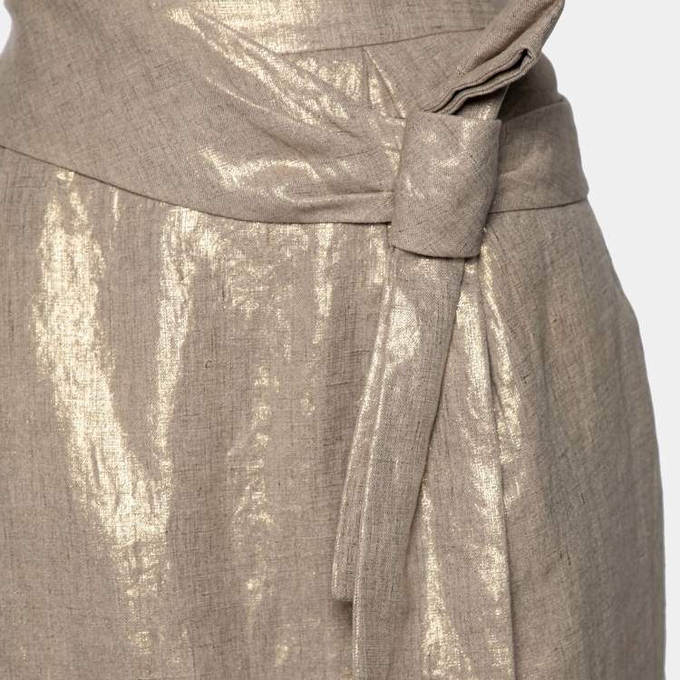 Pre Owned Alexander McQueen Gold Linen Bow Detail Pencil Skirt M