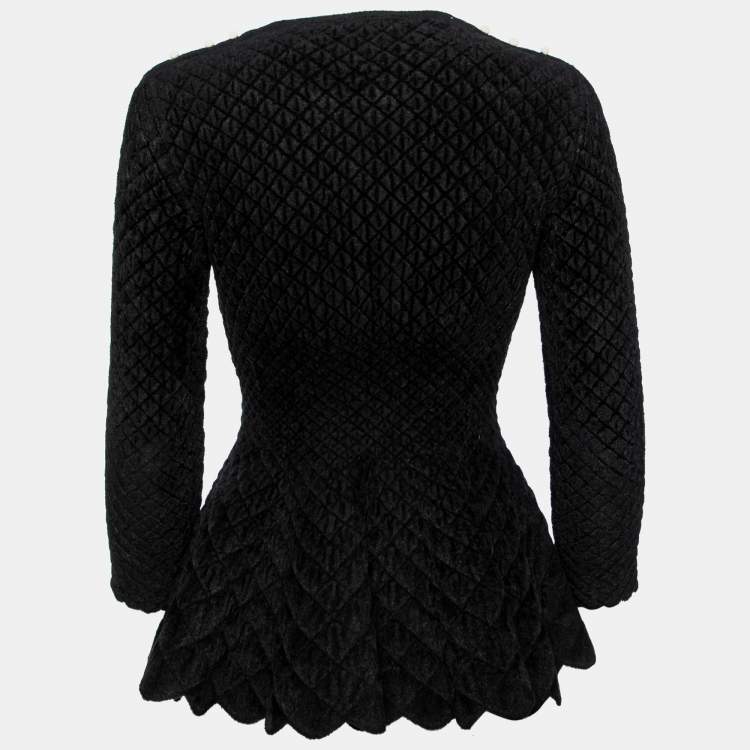 Pre Owned Alexander McQueen Black Patterned Stretch Wool Peplum Top XS