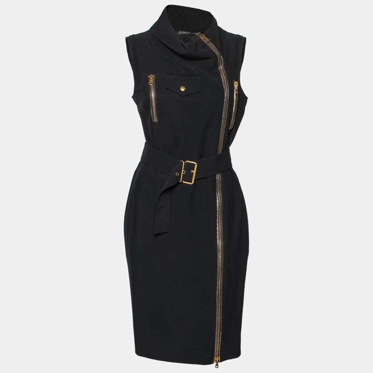 Pre Owned Alexander McQueen Black Acetate Zipper Embellished Belted Dress M
