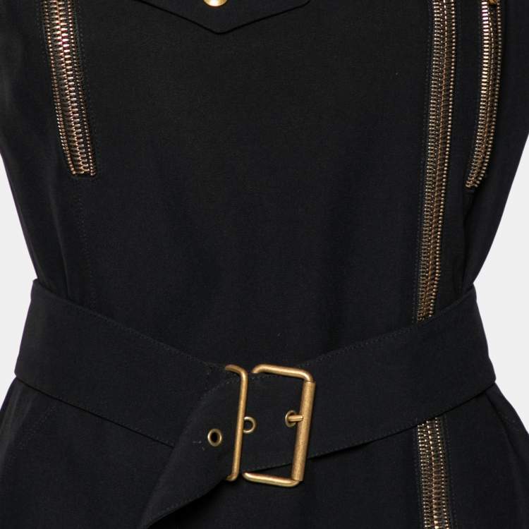 Pre Owned Alexander McQueen Black Acetate Zipper Embellished Belted Dress M