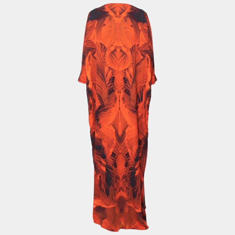 Pre Owned Alexander McQueen Black and Orange Floral Printed Belted Dress M