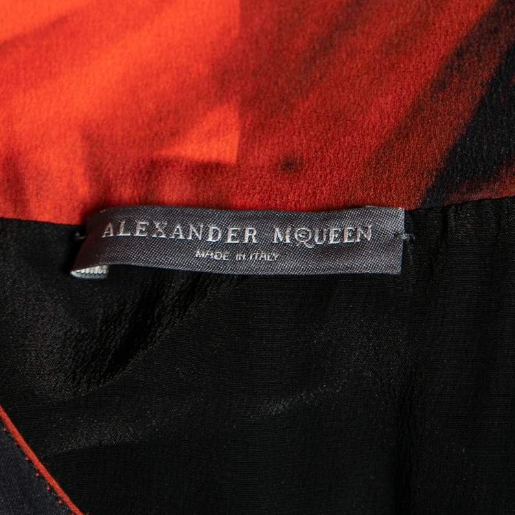 Pre Owned Alexander McQueen Black and Orange Floral Printed Belted Dress M