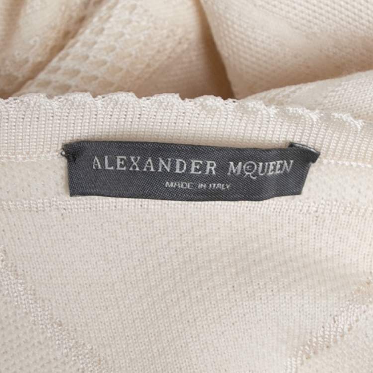 Pre Owned Alexander McQueen Cream Patterned Knit Short Sleeve Dress L