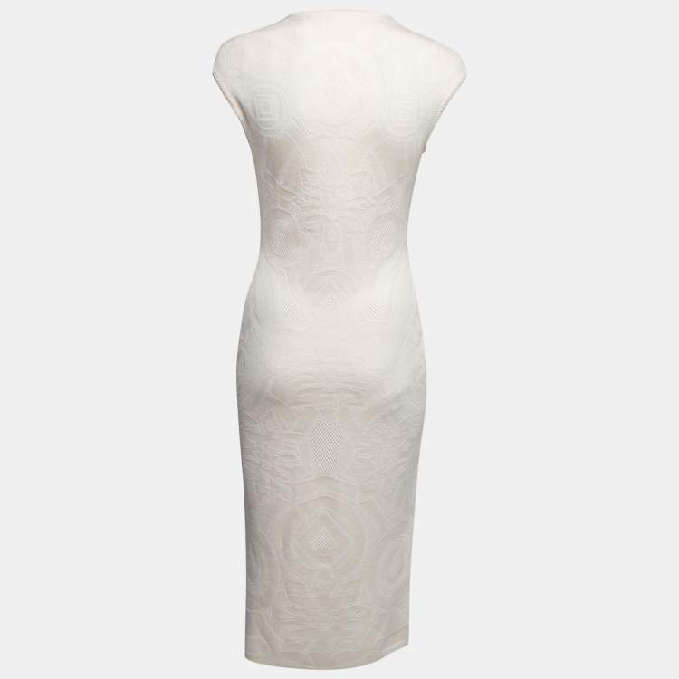 Pre Owned Alexander McQueen Cream Patterned Knit Short Sleeve Dress L