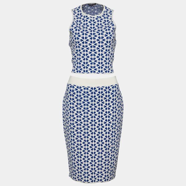 Pre Owned Alexander McQueen Blue Embossed Floral Jacquard Knit Crop Top & Skirt Set L