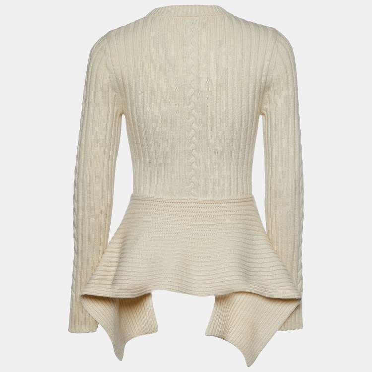 Pre Owned Alexander McQueen Off White Wool Cable Knit Peplum Jumper S