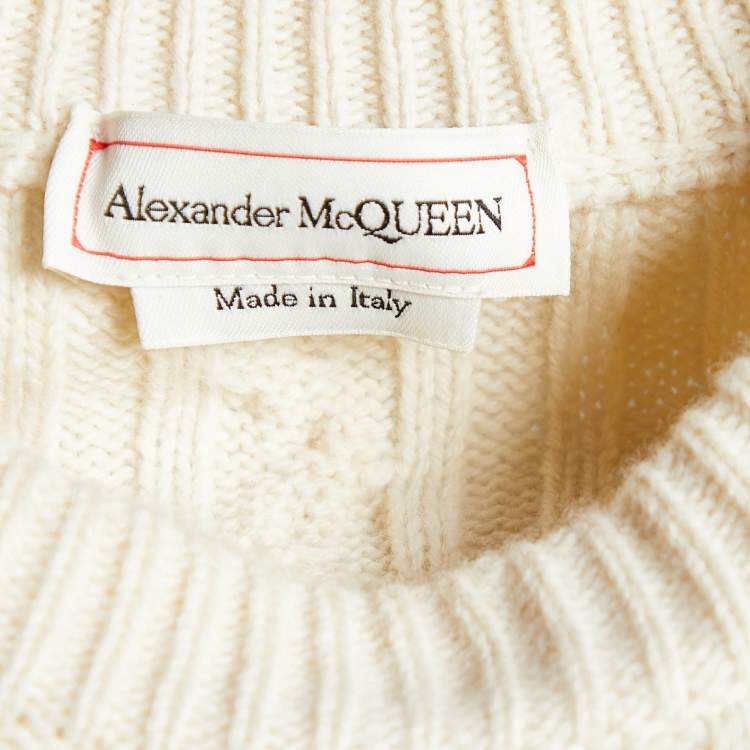Pre Owned Alexander McQueen Off White Wool Cable Knit Peplum Jumper S